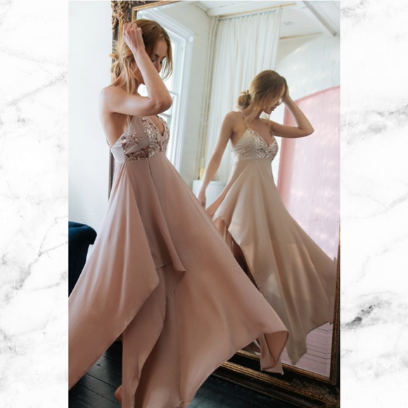 Rose Gold Sequin Long Dress Asymmetrical Hem Blush - Picture 7 of 8
